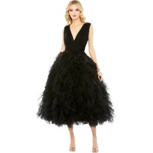 NWT MacDuggal Black Tiered Sleeveless Tulle Midi Ballgown Sz6 Black, retail $598